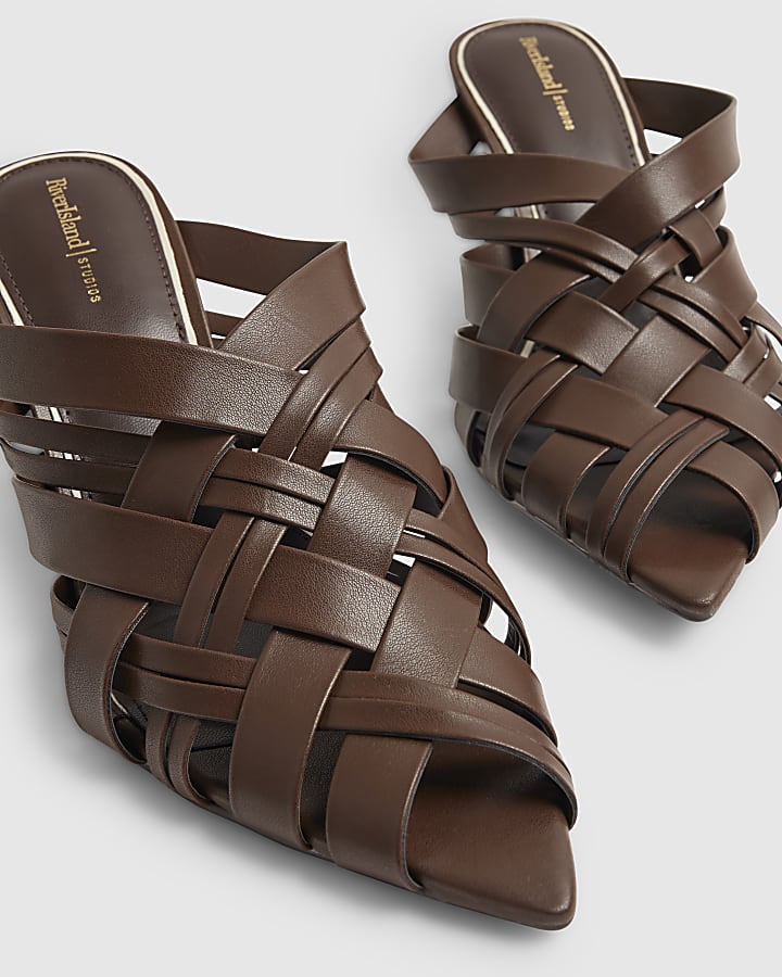 Brown Weave Heeled Mule Sandals