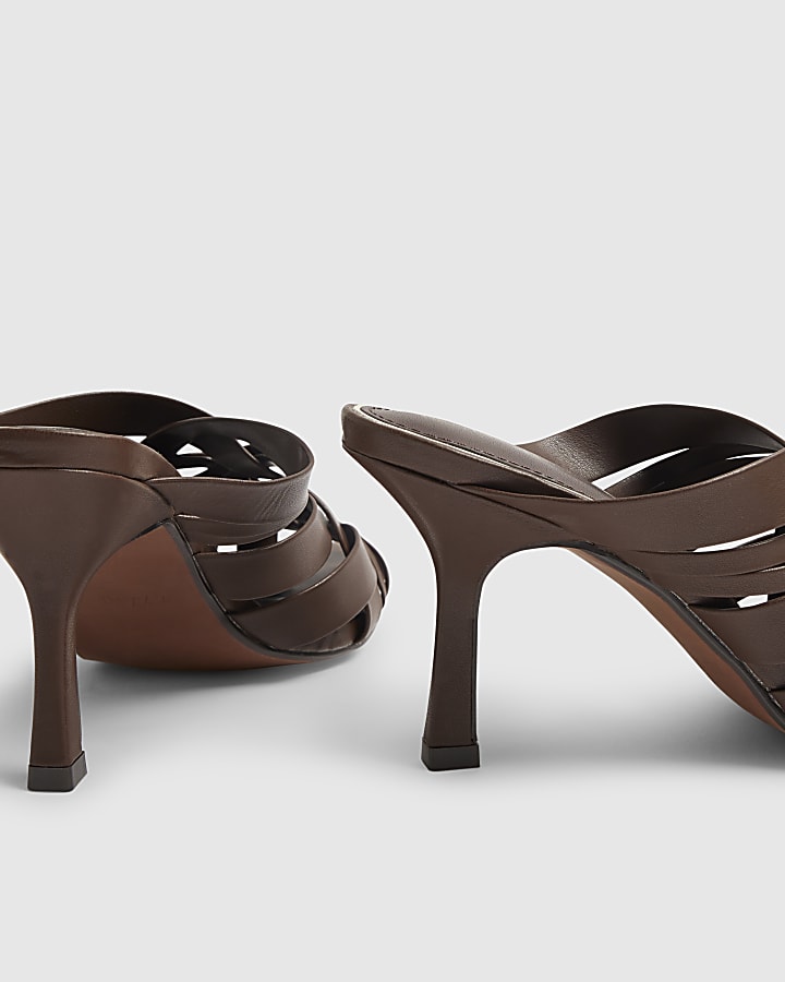 Brown Weave Heeled Mule Sandals