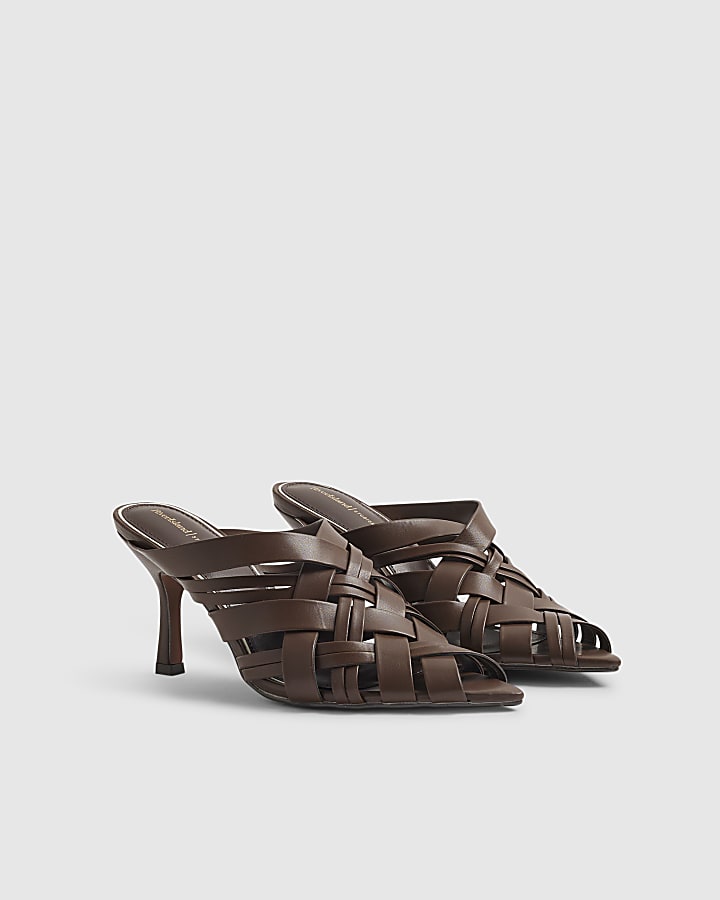 Brown Weave Heeled Mule Sandals