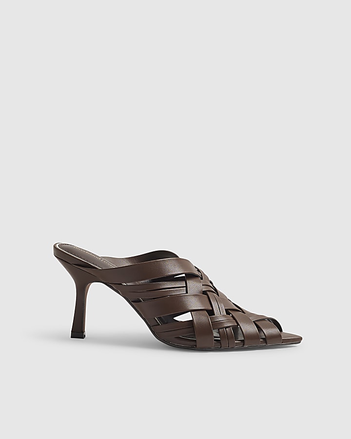 Brown Weave Heeled Mule Sandals