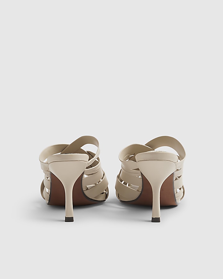 Cream Woven Heeled Mule Sandals