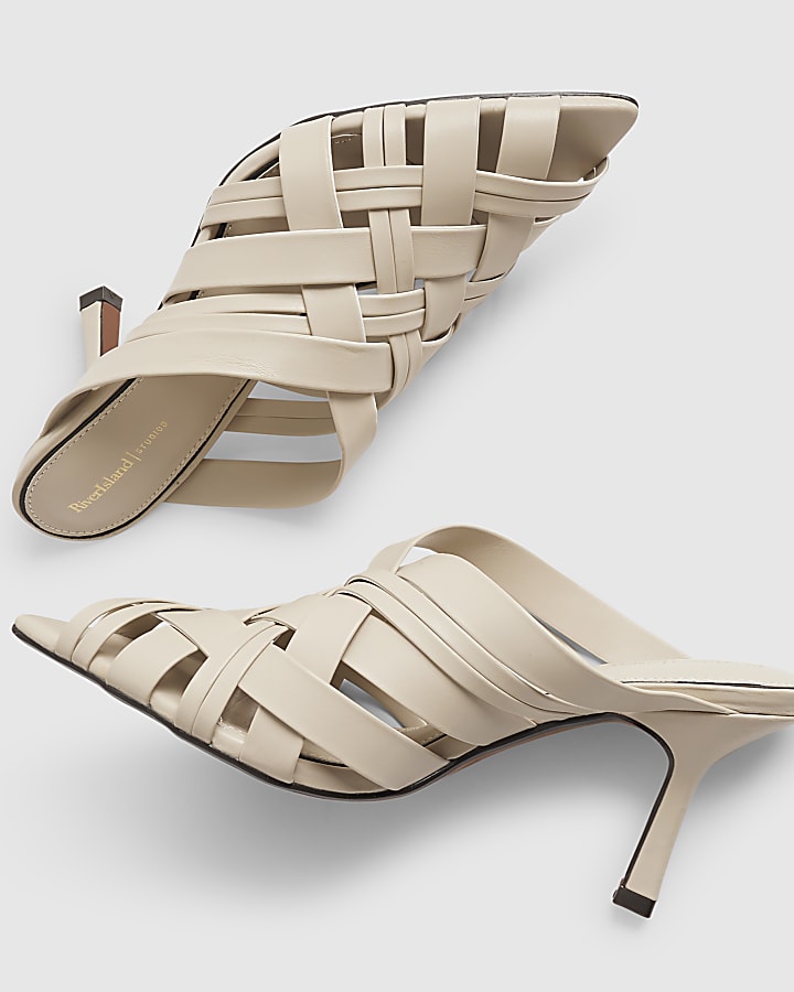Cream Woven Heeled Mule Sandals