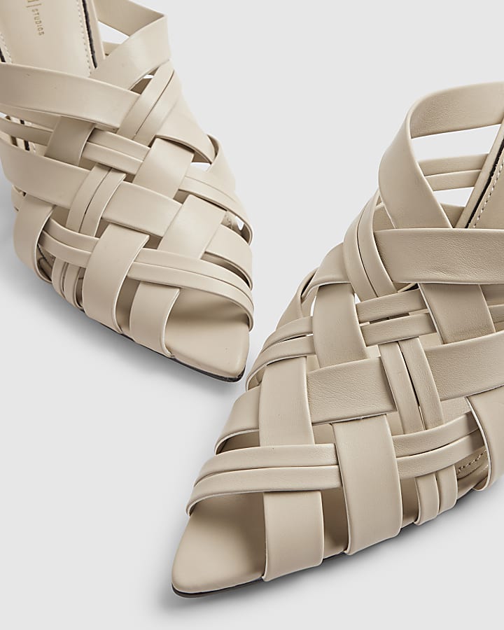Cream Woven Heeled Mule Sandals