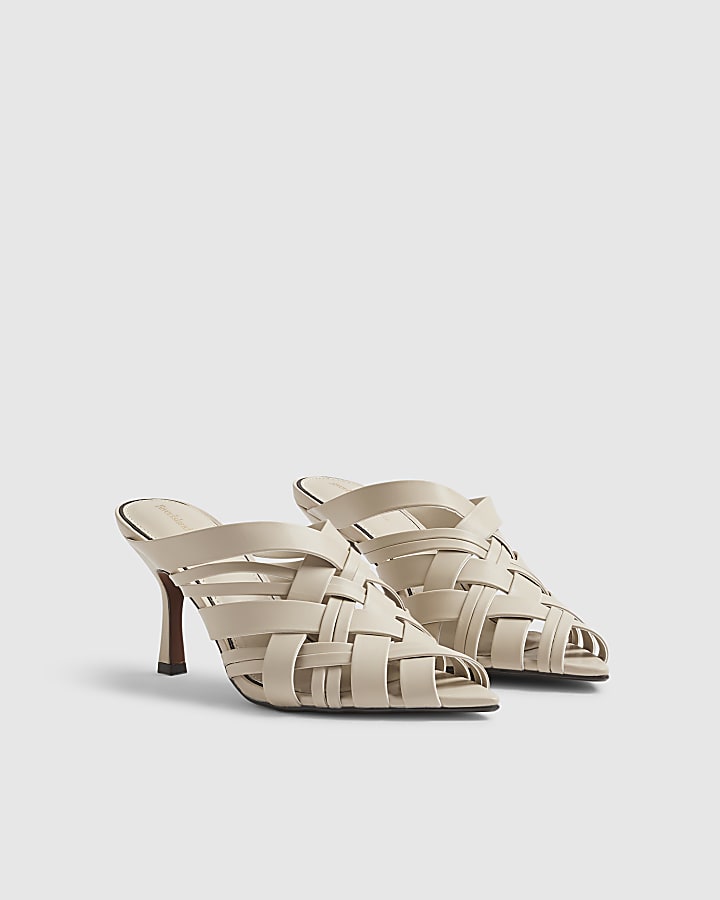Cream Woven Heeled Mule Sandals