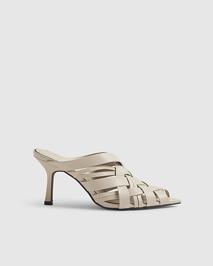 Cream Woven Heeled Mule Sandals