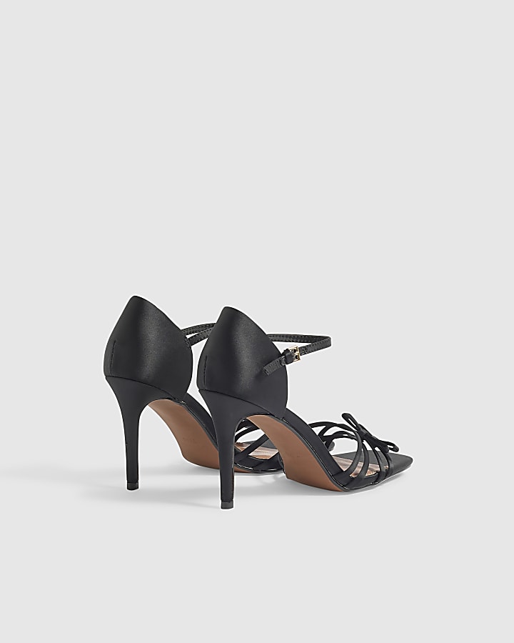 Black Satin Stiletto Bow Heeled Sandals