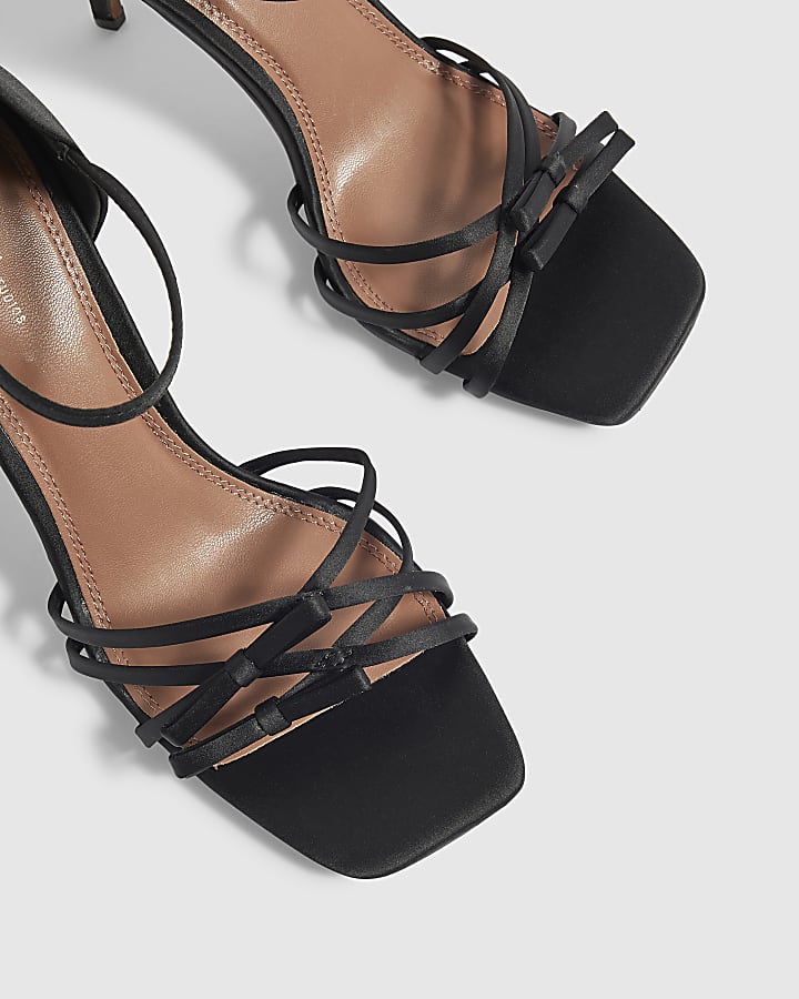 Black Satin Stiletto Bow Heeled Sandals