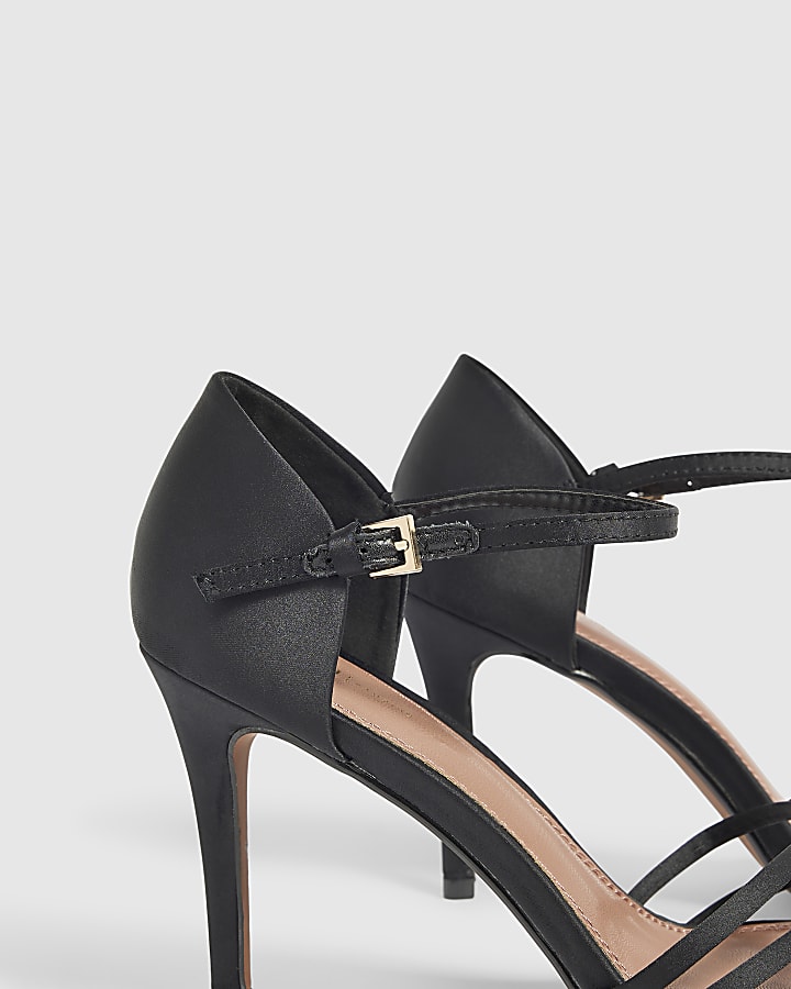 Black Satin Stiletto Bow Heeled Sandals