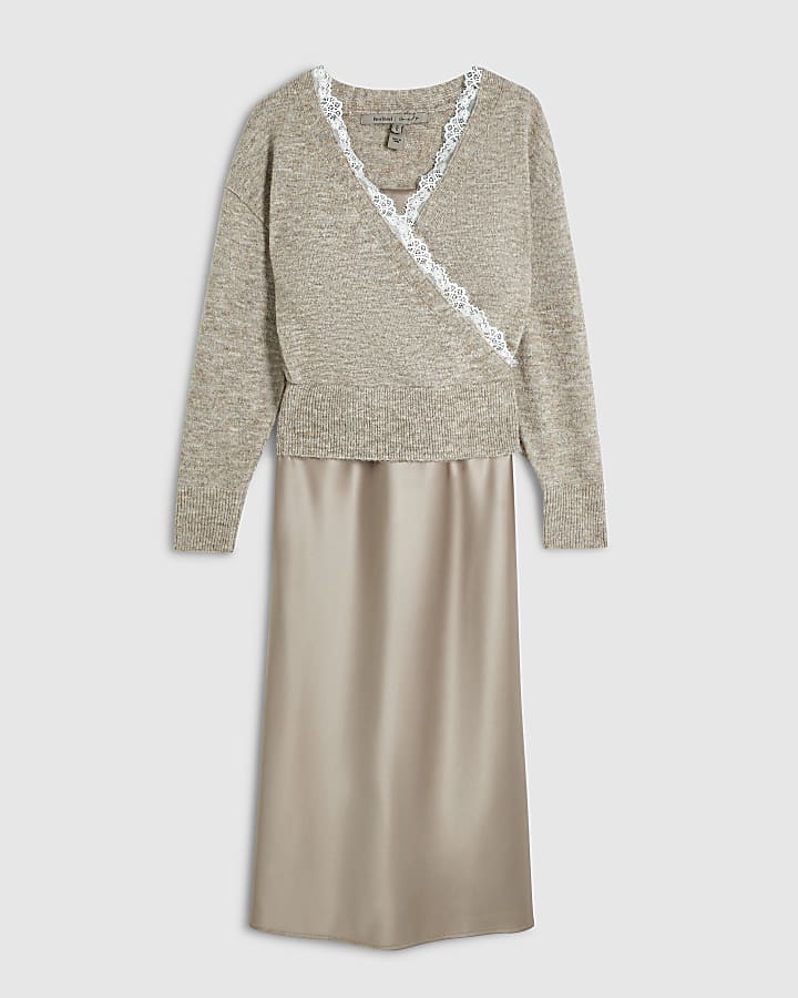 Beige Lace Trim Cardigan 2 In 1 Midi Dress