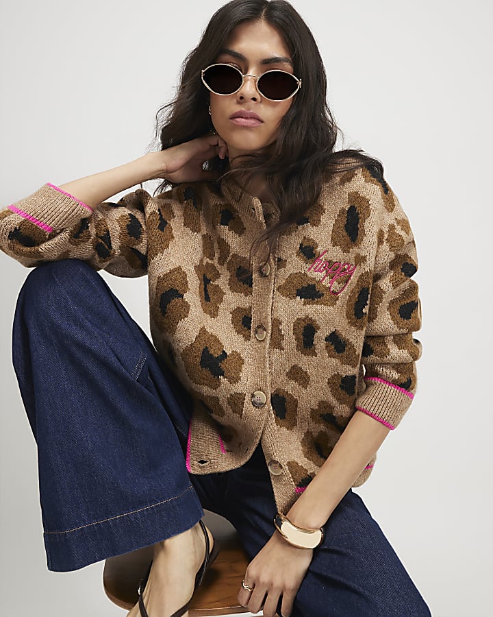Beige Knitted Animal Smiley Cardigan