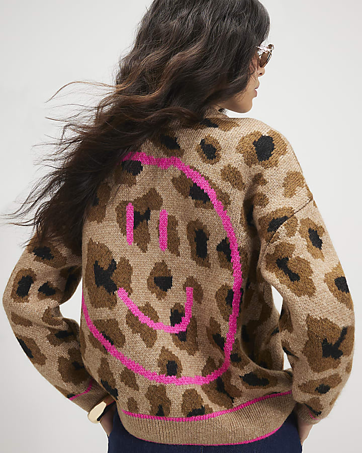 Beige Knitted Animal Smiley Cardigan