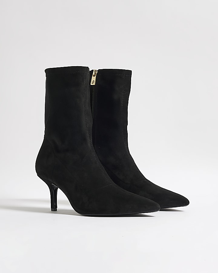 Black High Sock Heeled Ankle Boots