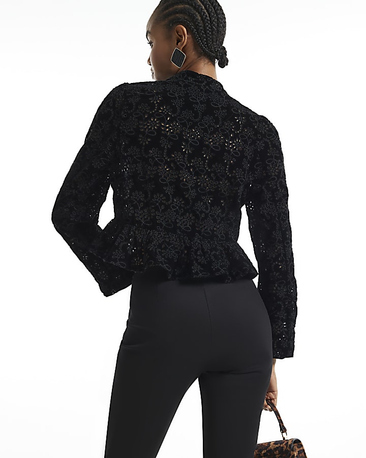 Black Embroidered Velvet Drummer Top