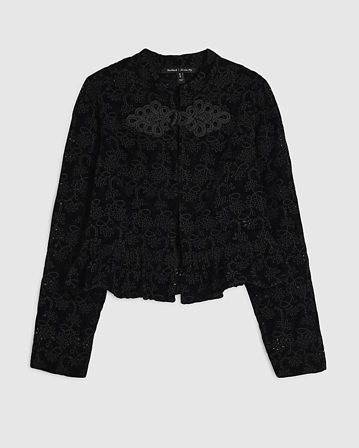 Black Embroidered Velvet Drummer Top
