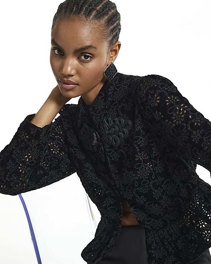 Black Embroidered Velvet Drummer Top