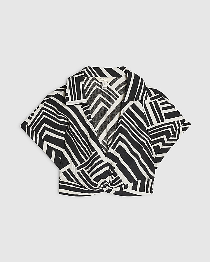 Black Abstract Print Twist Front Top