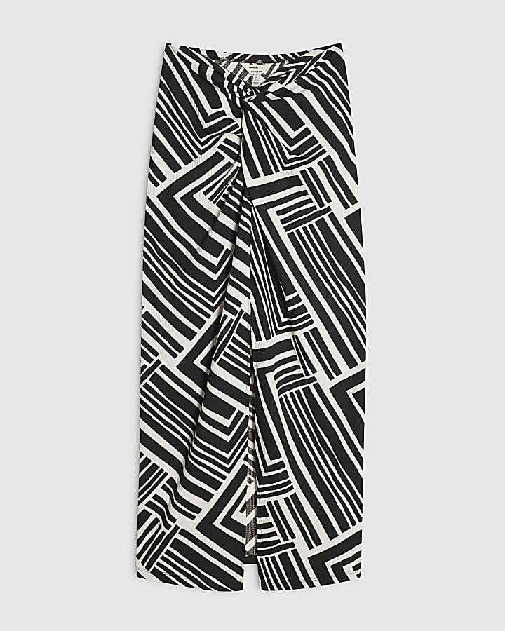 Black Abstract Print Twist Maxi Skirt