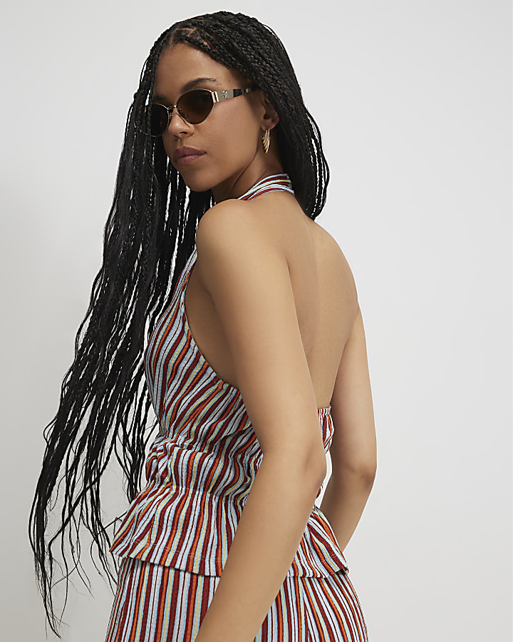 Orange Stripe Textured Halter Neck Top