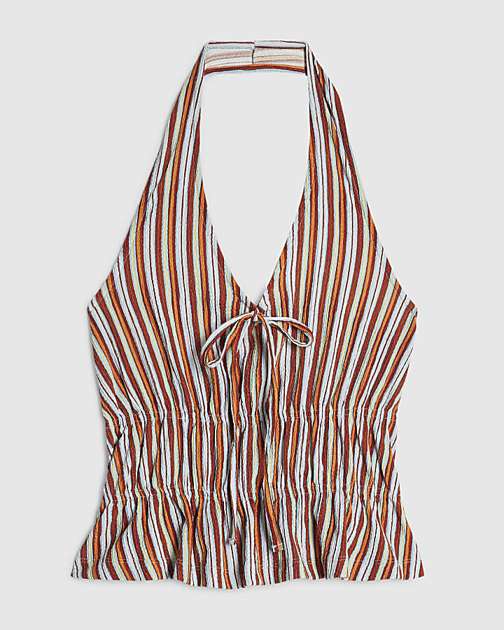 Orange Stripe Textured Halter Neck Top