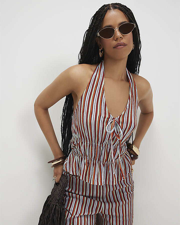 Orange Stripe Textured Halter Neck Top