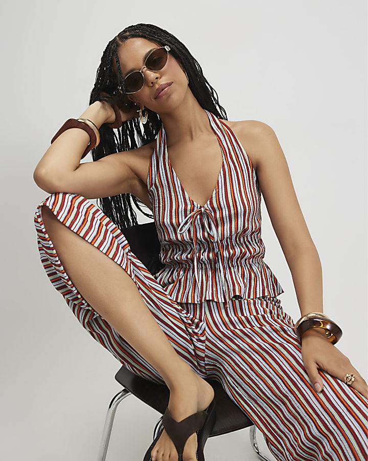 Orange Stripe Textured Halter Neck Top