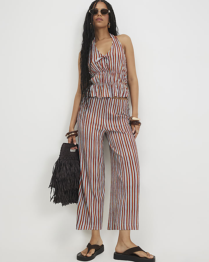 Orange Stripe Textured Halter Neck Top