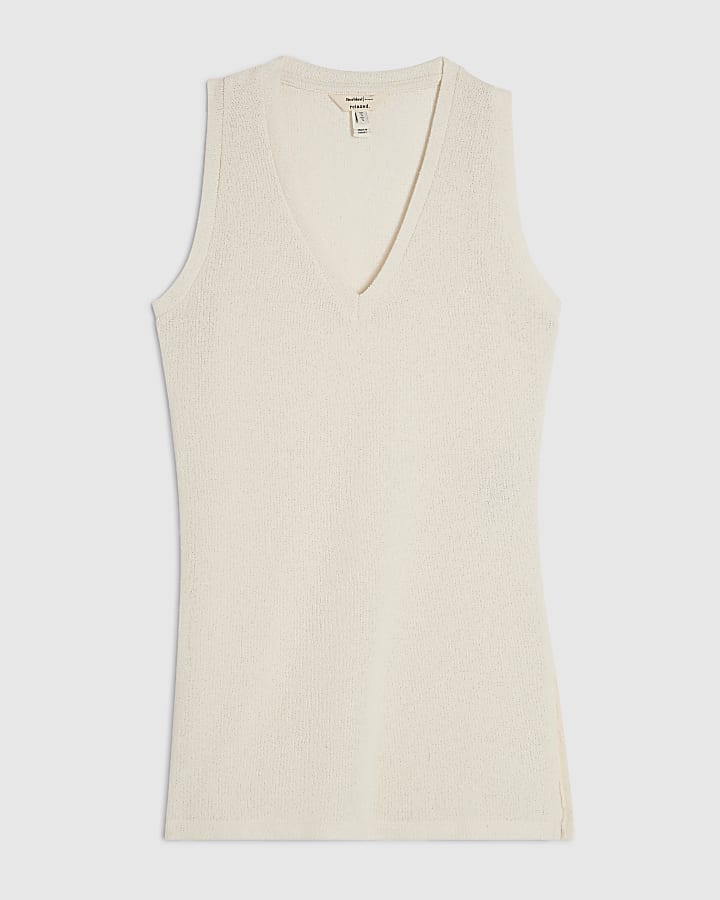 Cream Knit V Neck Tunic Top