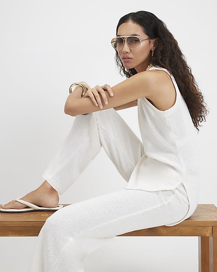 Cream Knit V Neck Tunic Top