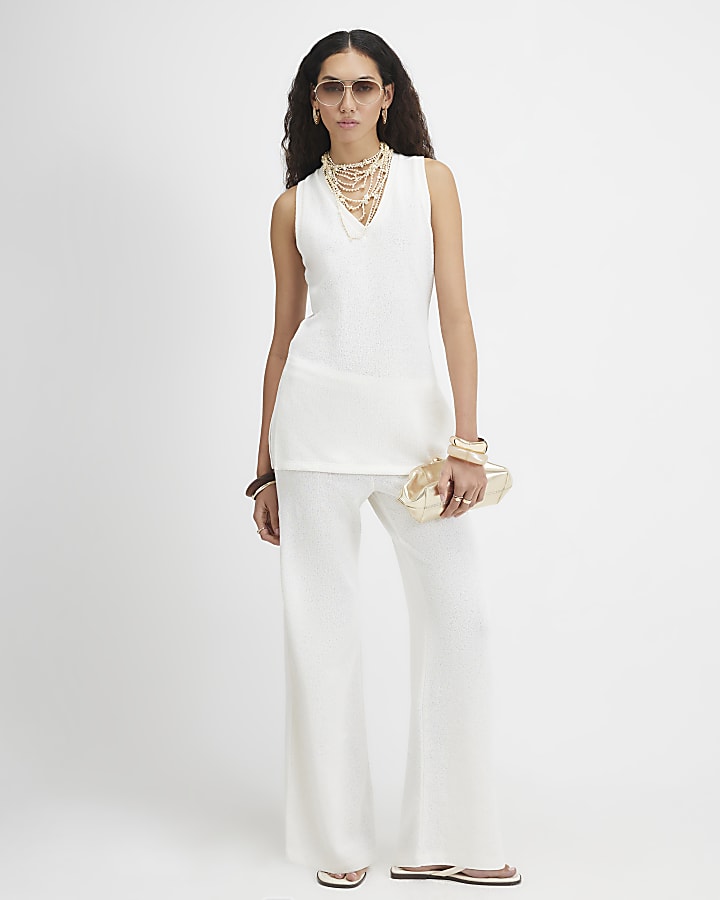 Cream Knit Wide Leg Trousers