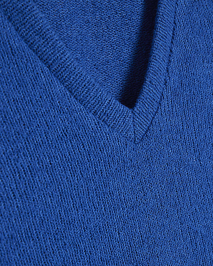Blue Knit V Neck Tunic Top