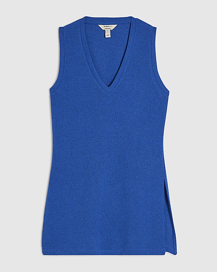 Blue Knit V Neck Tunic Top