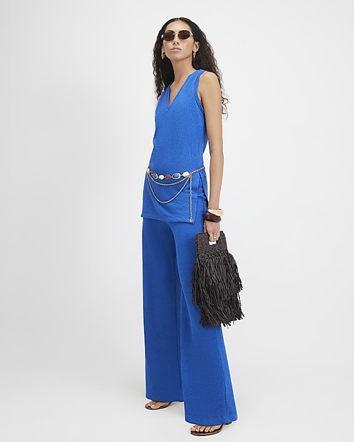 Blue Knit V Neck Tunic Top