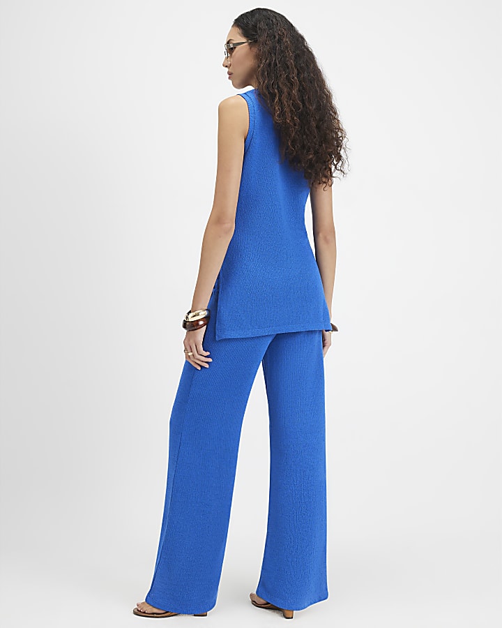 Blue Knit Wide Leg Trousers