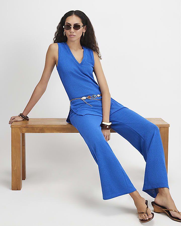 Blue Knit Wide Leg Trousers