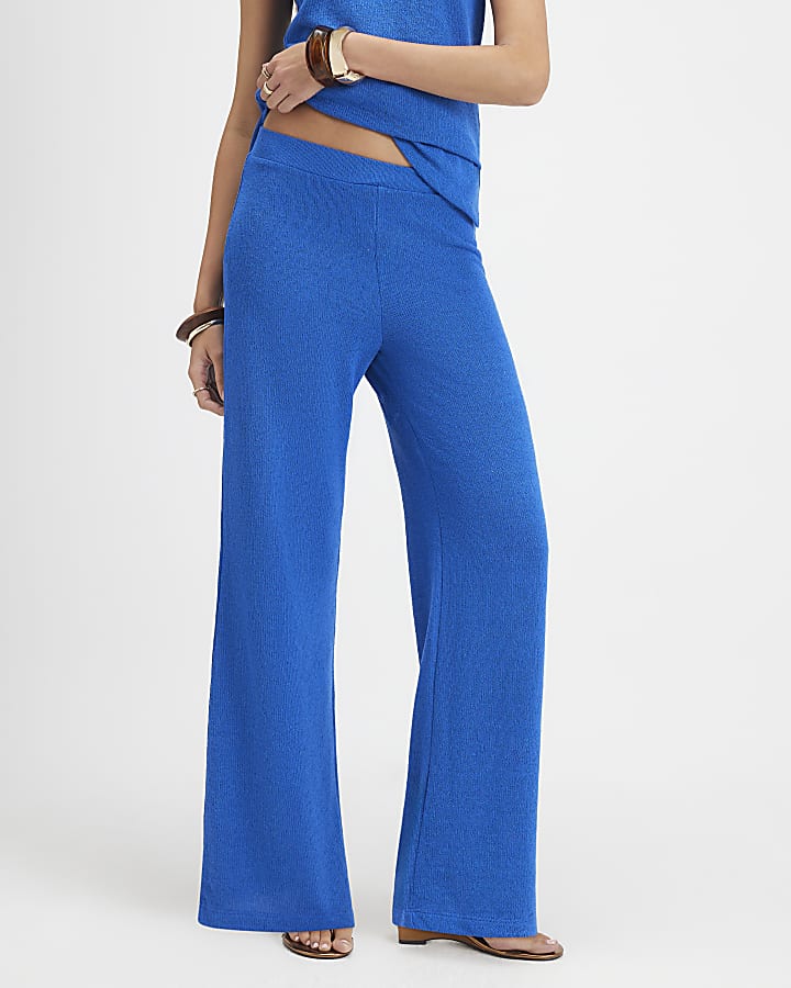 Blue Knit Wide Leg Trousers