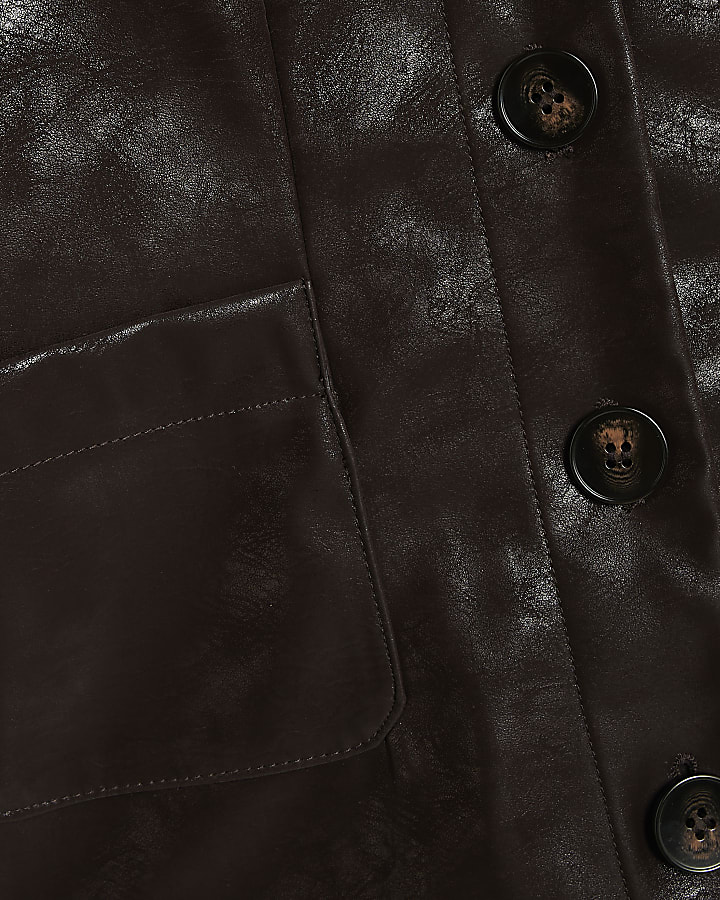 Brown Hammered Faux Leather Shirt