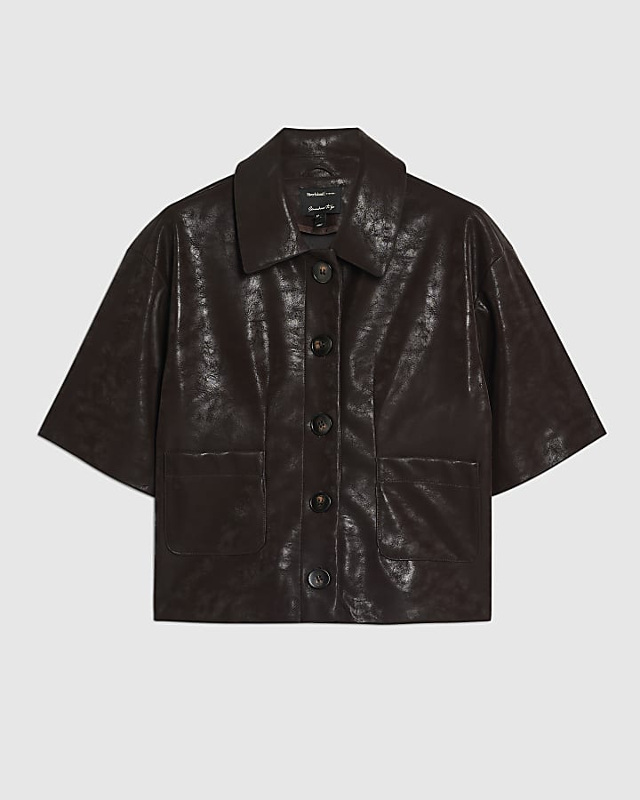 Brown Hammered Faux Leather Shirt