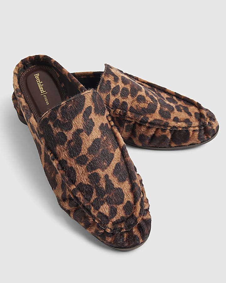 Brown Leopard Print Backless Ruched Loafers