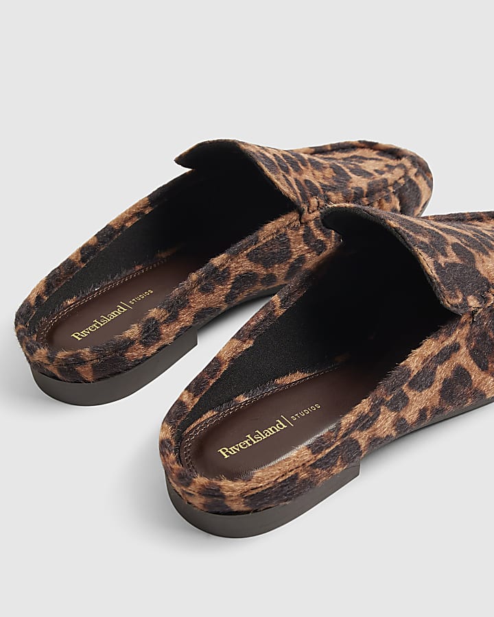 Brown Leopard Print Backless Ruched Loafers