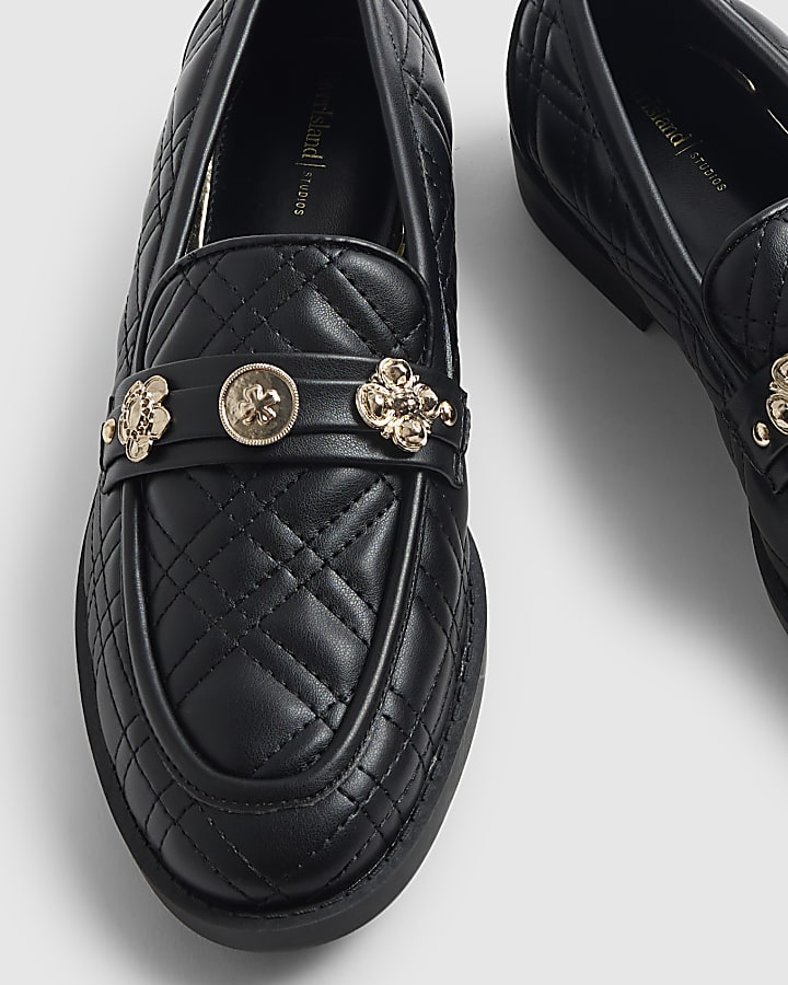 Black Quilted Metal Trim Loafers