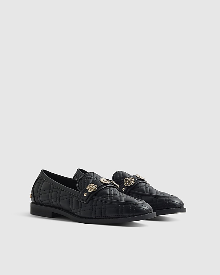 Black Quilted Metal Trim Loafers