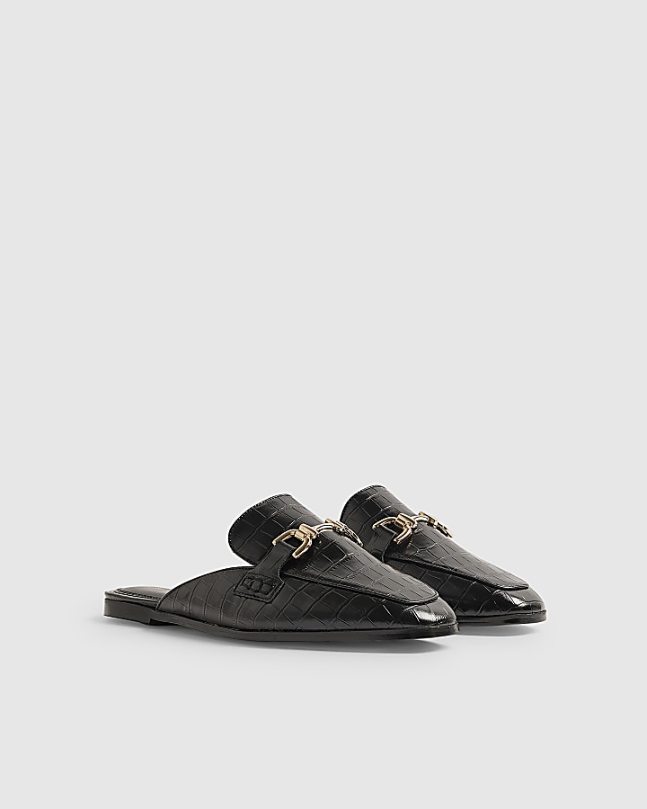 Black Crocodile Embossed Backless Loafers