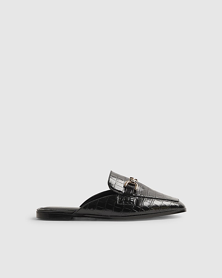 Black Crocodile Embossed Backless Loafers