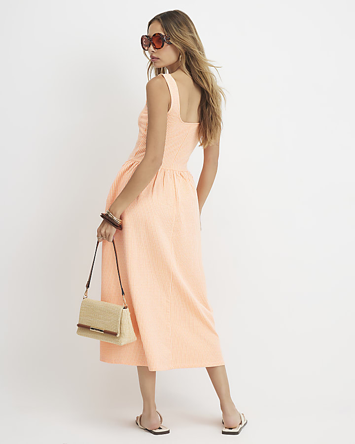 Orange Cotton Blend Texture Stripe Midi Dress