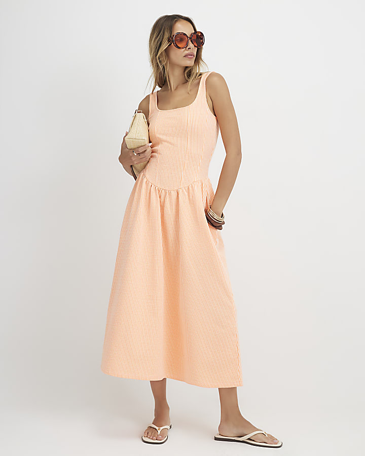 Orange Cotton Blend Texture Stripe Midi Dress