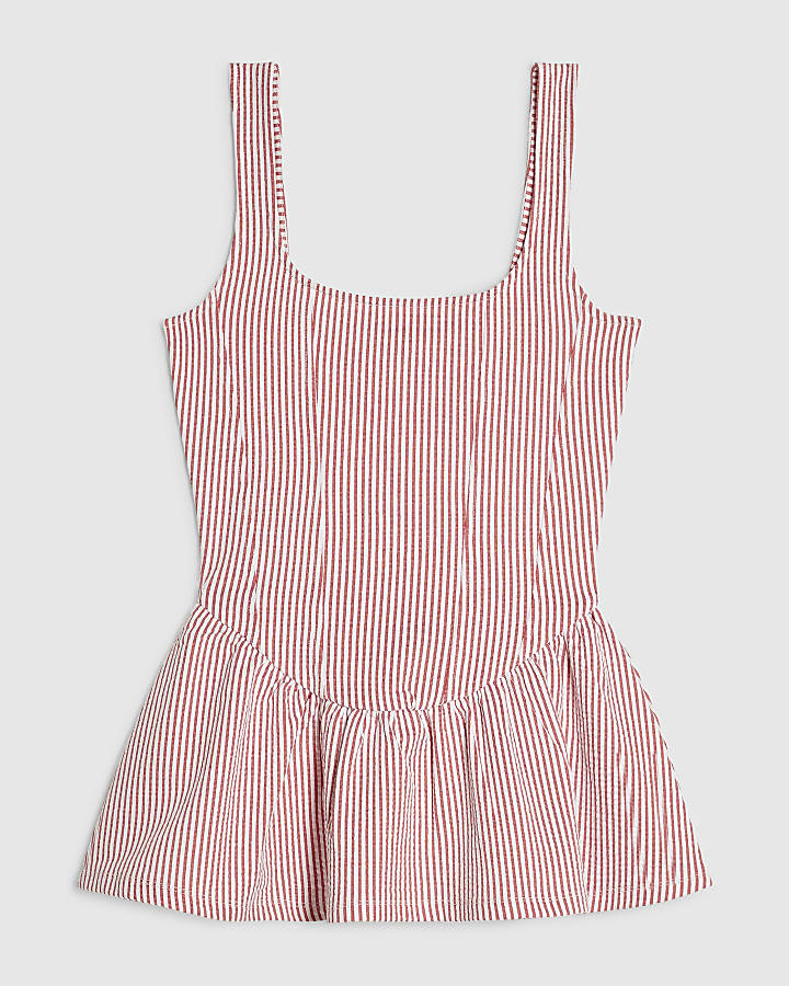 Red Cotton Blend Stripe Textured Peplum Top