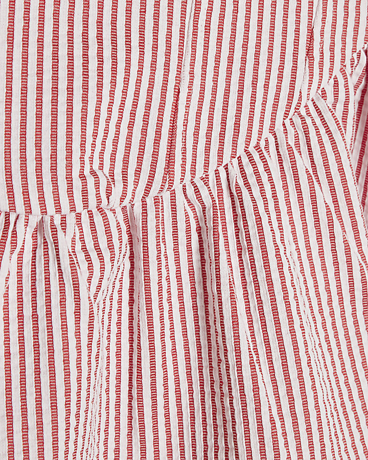 Red Cotton Blend Stripe Textured Peplum Top