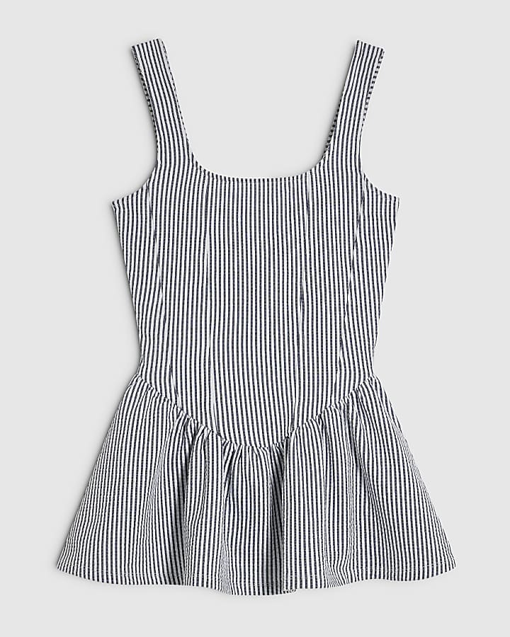 Blue Cotton Blend Stripe Textured Peplum Top