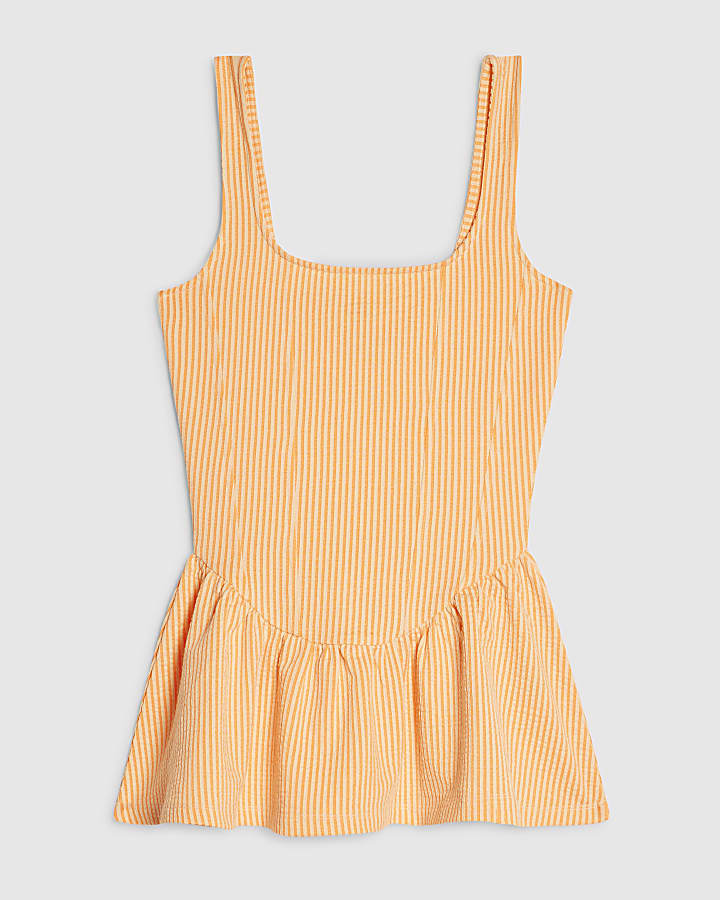 Orange Cotton Blend Stripe Texture Peplum Top