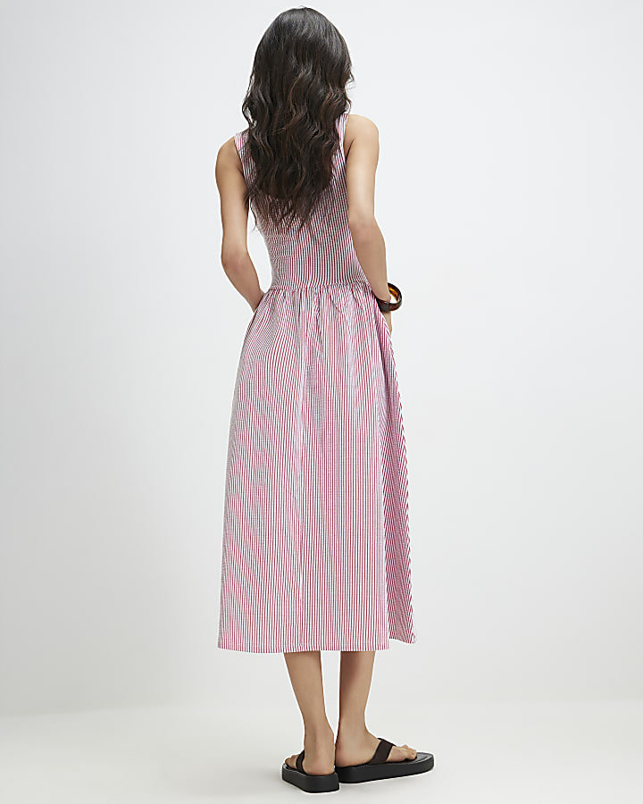 Red Cotton Blend Textured Stripe Midi Dress